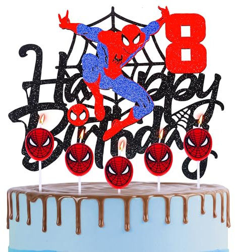 Spider-man 8th Birthday Cake Topper with Candle Red Spider Candles Cake Decorations for Boys,Happy Spider Theme Party Candles Cake Cupcake Topper for Boys Girls 8th Birthday Decor