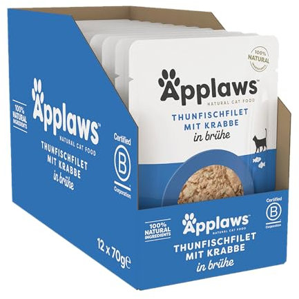 Applaws Nourriture Humide 100% Naturelle pour Chat, Filet de Thon avec Crabe en Bouillon - Pack de 12 Poches de 70g