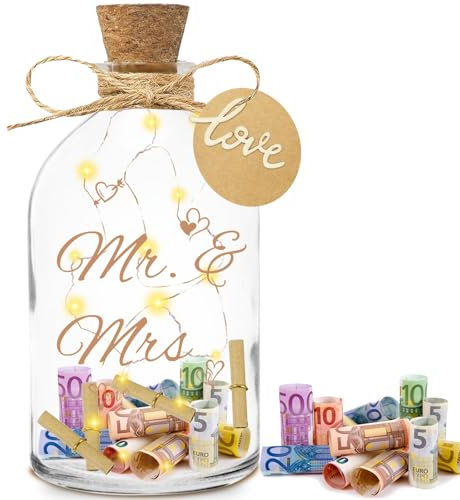 LED Flaschenlicht Hochzeit,Geldgeschenke Hochzeit Verpackungen,LED Flaschenlicht mit Spruch-Mr. & Mrs.,Beleuchtete Flasche mit Korken,Valentinstag Romantisch Deko für Brautpaar Frisch Verliebte
