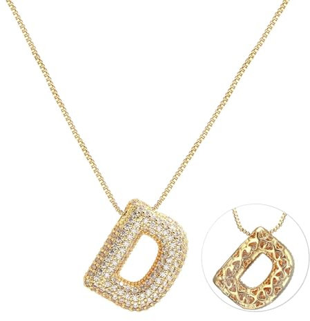 RWQIAN Bubble Buchstaben Kette Gold D Damen Balloon Initialen Haskette Bling Zirkonia Buchstaben Kette Anhänger Blase Letter Schmuck Geschenke für Frauen