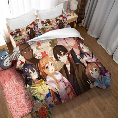 Bettwäsche-Bettbezug-Set Sword Art Online, 3-teiliges Bettbezug-Set Aus Weichem Mikrofaser-Schlafzimmer Mit 2 Kissenbezügen, Für Jugendliche Und Erwachsene (135x200cm,SAO 05)