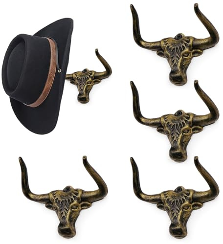 Filano, moderner Cowboy-Wand-Huthalter, Western-/Langhorn-Stil, Gusseisen, Huthaken für Aufbewahrung, Präsentation in Garderobe, Schlaf- und Wohnzimmer, Antikgold, Herren-Geschenk, 4er Pack