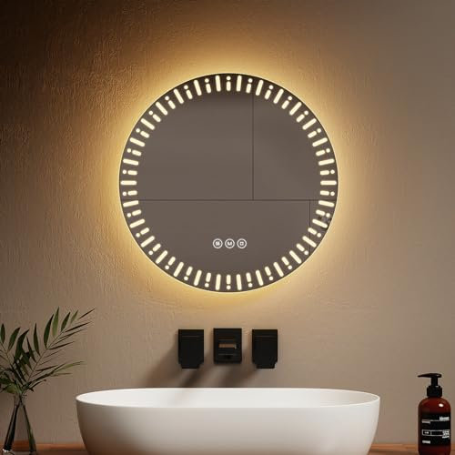 EMKE Spiegel mit Beleuchtung Rund 50cm LED Badspiegel mit Beleuchtung Touch-Schalter, Dimmbar 3 Lichtfarben, Beschlagfrei Badezimmerspiegel mit Beleuchtung Rund IP44 Energiesparend