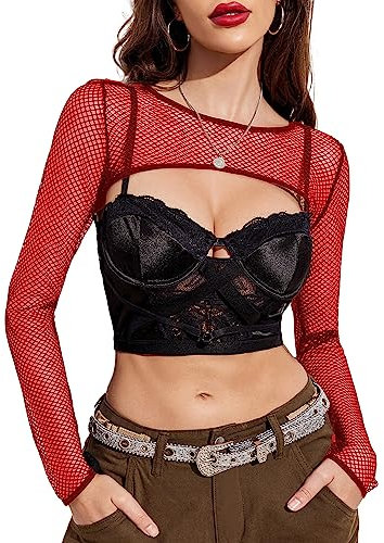 Avidlove Crop Tops Women's Mesh T-Shirt Sexy Blouse Long Sleeve Clubwear Leisure Top Round Neck Shirt Oktoberfest Mesh Top Red XL