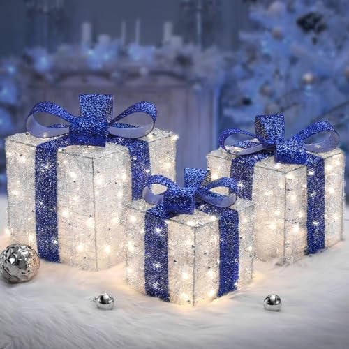 Quntis 3 Set 140 LED Geschenkbox Weihnachten, Weihnachtsdeko Innen Strombetrieben, Dunkelblaue Schleife, Beleuchtete Boxen Warmweiß, Lichterdeko Geschenkpakete für Weihnachtsbaum Fensterbank Garten