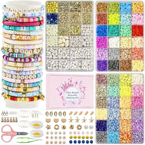 Perlenset für Armbänder, 10750 Stück Armband Selber Machen Set, 6mm Heishi Perlen zum Auffädeln, 3 Boxen Flache Polymer Clay Perlen Set mit Buchstaben, DIY Halsketten Geschenk für Kinder Erwachsene