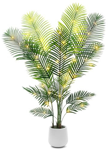 Palmier artificiel de 1,8 m avec guirlande lumineuse LED et pot de fleurs blanc – Palmier tropical réaliste avec tronc réaliste et branches réglables pour intérieur, maison, bureau, salon, décoration