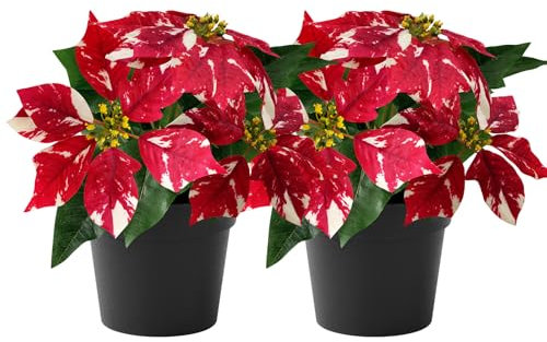 WOBUBU Mini Poinsettias Artificial Plants 2 Pack 9 Faux Small Christmas Flowers in Pot for Home Office Tabletop Indoor Christmas Decorations Red with White Spot
