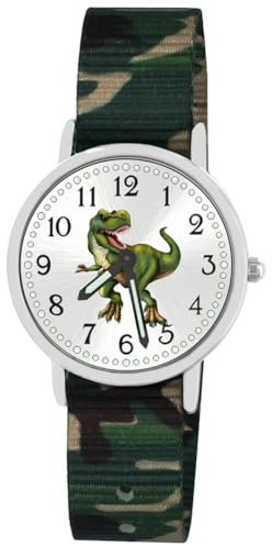 Brecjon Kinder Armbanduhr Jungen Jungenuhr Kids Dinosaurier T Rex Leuchtzeiger 5ATM Wasserdicht Textil Armband Camouflage 5102