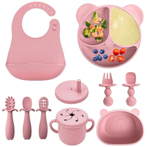 comeder Baby Weaning Set, 10 Pcs Silicone Feeding Bowl & Spoon Set for Toddlers, BPA-Free, Soft & Safe Baby Led Weaning Essentials, Microwave & Dishwasher Safe (Pink)