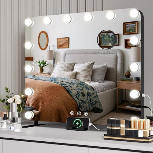 Specchio Trucco Hollywood Con Luci LED 60x50cm - 3 Modalità, USB, Ingrandimento 10x, Porta Cellulare - Da Tavolo o A Muro - Nero