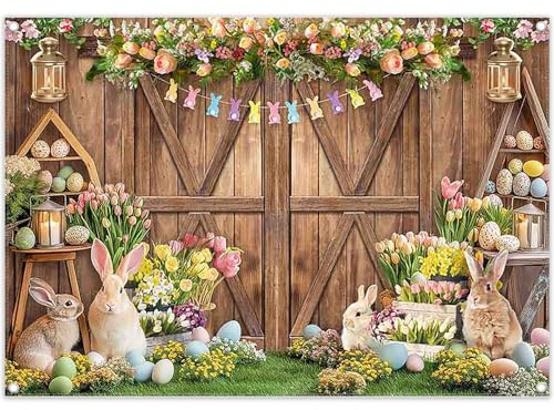 Luminora Fabric 7x5ft Easter Barn Door Photography Backdrop Spring Rustic Wooden Bunny Eggs Floral Grass Background Kids Party Decoration Adult Photo Banner Booth