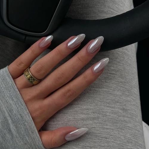 24pcs Almond False Nails - Aurora White French Nails - Medium Length Fake Nails with Glue - 12 Sizes Chrome Glue on Nails - Artificial Full Cover Stick on Nails for Women Girls Daily Wear