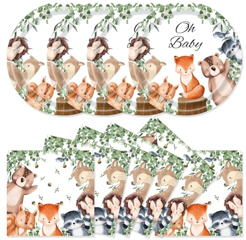 40Pcs Woodland Baby Shower Plates and Napkins Party Supplies, 9 Inch Nature Sage Paper Plates and Napkins Disposable Tableware Set for Boys Girls Safari Jungle Animal Party Decorations