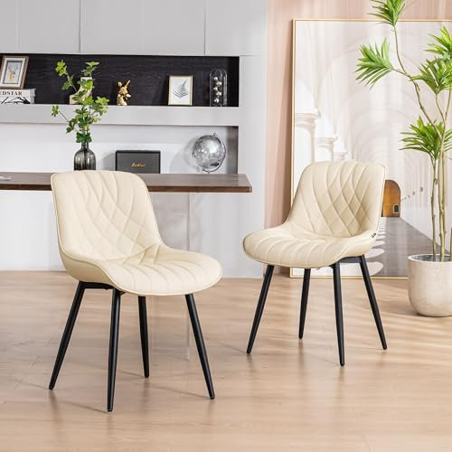 YOUNIKE Esszimmerstühle 2er Set Küchenstuhl Kunstleder, Bequemer Polsterstuhl mit Metallfüßen, Esstisch Stühle Wohnzimmerstuhl mit Rückenlehne, Beige