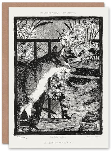 Artery8 Edouard Manet Art Card Black White Cat and Flowers