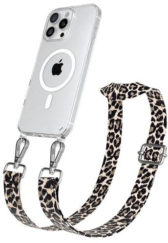 EAZY CASE Handykette - Verstellbares Taschenband kompatibel mit iPhone 16 Pro Max, Schulterriemen, Handykordel mit Silikon Hülle, Qi Charging kompatibel, Umhängetasche, Leo - Schwarz Beige Silber