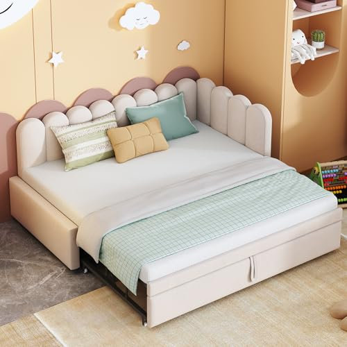 Arhatreya Schlafsofa 90/180x200 cm, L-Form Sofabett mit Ausziehbett, Polsterbett mit Lattenrosten, Kinderbett Tagesbett für Gästezimmer Schlafzimmer (Ohne Matratze) Samtstoff Beige