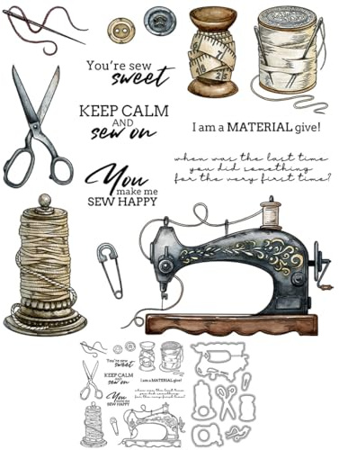 Nähmaschinenstempel und Stanzformen für Kartenherstellung, Schere, Nadelfaden, transparentes Silikon, klarer Stempel und Metall-Stanzformen, Sets für DIY, Scrapbooking, Papierbasteln, Dichtungen