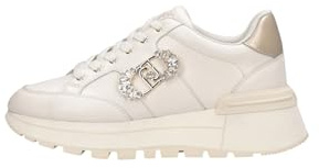 LIU JO BF5043 Amazing Milk Women's Leather Sneakers with Cubic Zirconia and Wedge, beige, 8 UK