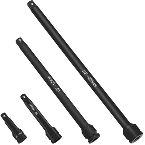 4-tlg Schlagschrauber Verlängerung Set 1/2 Zoll (12.5mm) | Kippverlängerungs-Satz aus gehärtetem Cr-M-Stahl, Kraft Verlängerungs Satz 75mm, 125mm, 250mm, 370mm für enge Räume und KFZ