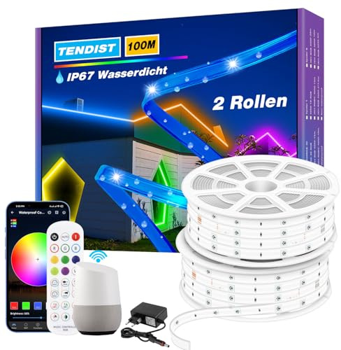 TENDIST 100M RGB LED Streifen Aussenbereich, IP67 Wasserdicht Outdoor LED Strip Alexa Kompatibel und Music Sync, 24V WiFi Lichtschlauch Außen für Garten, Beleuchtung Terrasse, Dach (50M*2)