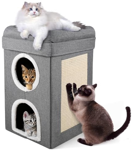 Treeboy Cat House Indoor with Scratching Board, Cat Beds for Indoor Cats | 3 Layer Cat Hideaway House,Foldable Cat Cave Bed with Plush Cushion, Spacious Balcony & Cozy,Kittens Bed for Indoor Cats