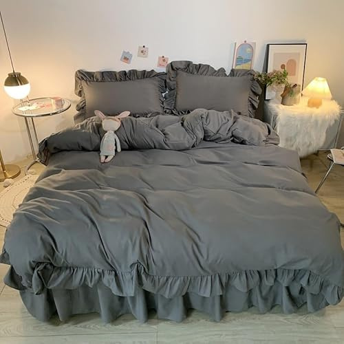 XJHTJA Graues Rüschen-Bettwäsche 200X200 mit Kissenbezügen – Shabby Chic Farmhouse Bettbezug-Set mit Rüschen für Erwachsene und Kinder – Pflegeleichter Bettbezug 200X200 aus Mikrofaser