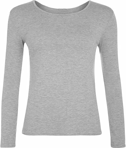 FASHION I LOVE Women Ladies Long Sleeve Round Neck Plain Top Stretchy Casual Summer T-Shirts Basic Slim fit Tee Tops UK Plus Size 8-26 Silver Grey