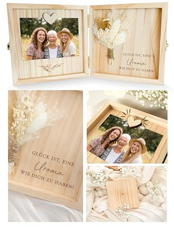 Joli Coon Uroma Geschenk, Holzbox, 14 x 14 x 3 cm | Echte Trockenblumen, Magnet für Foto, Glück ist es eine Uroma wie Dich zu haben, als Erinnerungsbox aufstellbar