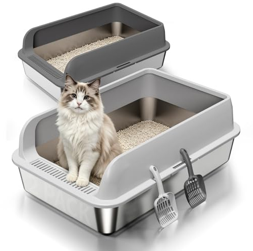 Fusblom Edelstahl Katzenklo mit Deckel, 2 Stück Metal Katzenklo XXL mit Hoher Rand für Große Katzen und Mehrkatzen,Wasserdicht, Antihaftend, Leicht zu Reinigen & Kompakt, XL