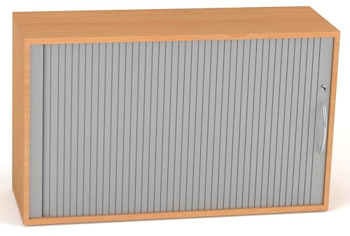 Rheinland Möbel Querrollladenschrank Rollino 120×40×75 cm – abschließbarer Rollladenschrank 2OH in Buche/Silber mit Metall-Bogengriff