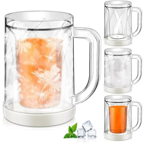 Double Layer Ice Cold Beer Glass, Freezer Beer Mugs - Clear Double Wall Ice Mugs With Handle, Double Walled Ice Cup, Freezer Beer Cup, Reusable Freezable Beverage Cups for Beer Cocktail Water Drinks