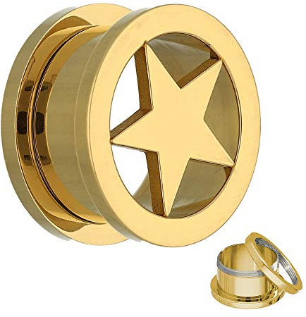Treuheld | Stern Flesh Tunnel zum Schrauben - Gold - 16 Größen: 3-30mm - Profi-Qualität - Edel-Stahl - Ohr-Tunnel schraubbar mit Gewinde - Piercing Ohr-Plug - Chirurgen-Stahl 316-L