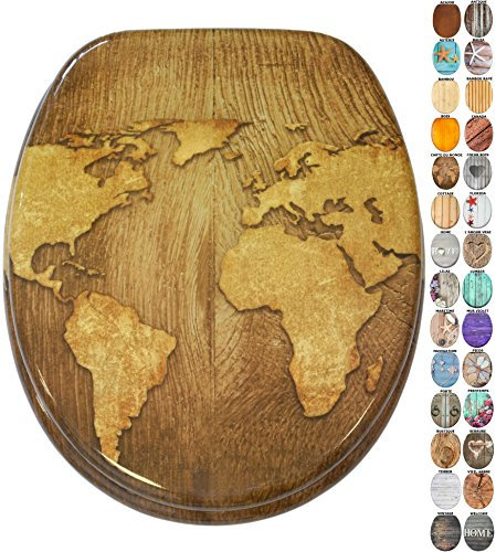 Sanilo Abattant WC, Grande sélection de lunettes de toilette en bois, Finition de haute qualité, Charnières robustes, Fixation facile (Carte du monde)