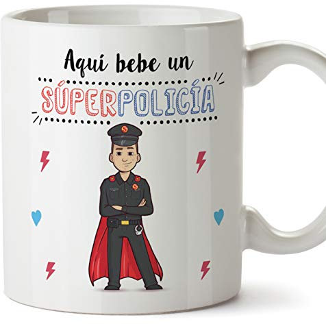 MUGFFINS Policía Tazas Originales de café y Desayuno para Regalar a Trabajadores Profesionales - AQUÍ Bebe UN SÚPER POLICÍA - Cerámica 350 ml