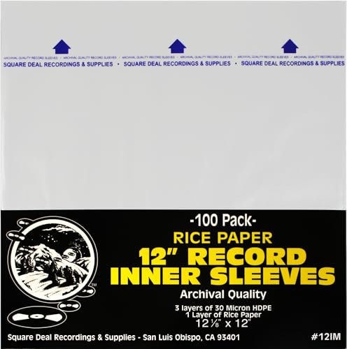 (100) 12 Record Inner Sleeves - 3-Layers of Archival Quality, Anti-Static HDPE with Rice Paper Enclosed Insert for Extra Rigidity #12IM