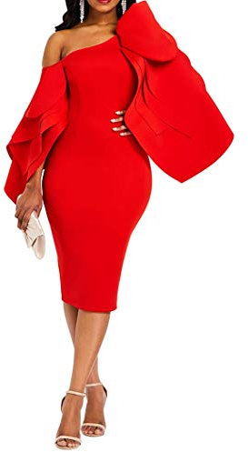 VERWIN figurbetontes Kleid Fuer Damen, langaermlig, Knielang, Rueschen, Aermel, schulterfrei M