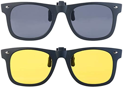 PEARL Sonnenclip Brille: 2er-Set Nachtsicht- und Sonnenbrillen-Clips, polarisiert, UV400 (Brillenaufsatz Sonnenbrille, Sonnenschutz Brillenaufsatz, Polarisierte)