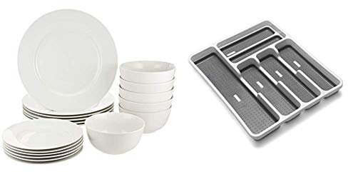 Amazon Basics 18-Piece Dinnerware Set, Service for 6 & Addis 6-Compartment Drawer Organiser