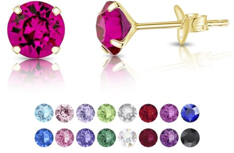 Pendientes Brillantes - Pendientes Pequeños - Pendientes Mujer Plata de Ley 925 Chapados en Oro Amarillo con Cristales Swarovski® 6 mm - Pendientes Dorados - Pendientes Fucsia