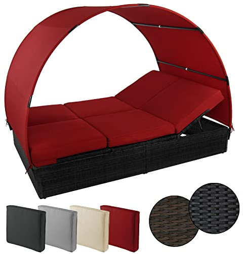 Montafox Sonnenliege Poly Rattan Doppelbett 200 x 140 cm Gartenliege 10cm Auflagen Dach Sonnendach Rücken/Fußelemente Verstellbar Doppelliege, Farbe:Titan-Schwarz/Abendsonne