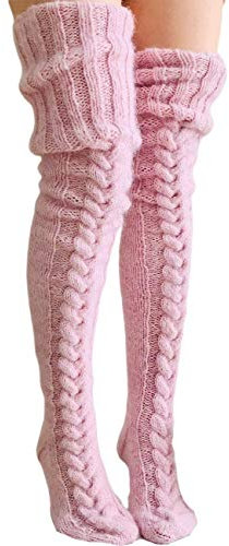Springcmy Womens Girls Winter Cable Knit Over Knee Socks Thigh High Long Boot Socks Stocking Leg Warmer (A-Pink, One Size)