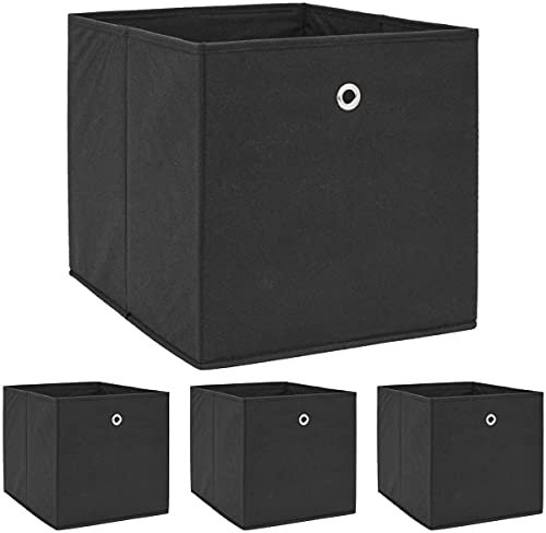 DuneDesign 4er Set Aufbewahrungsbox für Kallax Regal - 33x38x33 Stoff Box mit Öse - Faltbox Schwarz