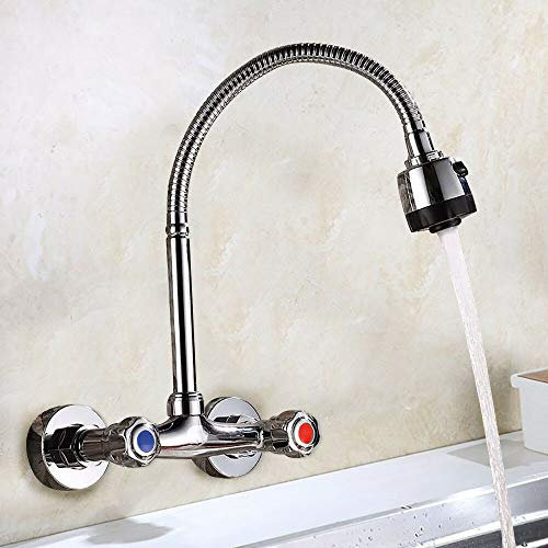Wasserhahn Wandmontage Küchenarmatur 360° Drehbar Küche Wand Spültischarmatur 2 Griffe Mischbatterie