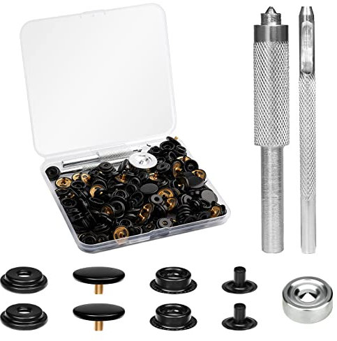 KINBOM 200 Stück Leder Druckknöpfe, 15mm Druckknopf kitt Druckknopf-Set Nähknöpfe Edelstahl Druckknöpfe 50 Snaps Set für Taschen Jeans Kleidung Stoffe (Schwarz)
