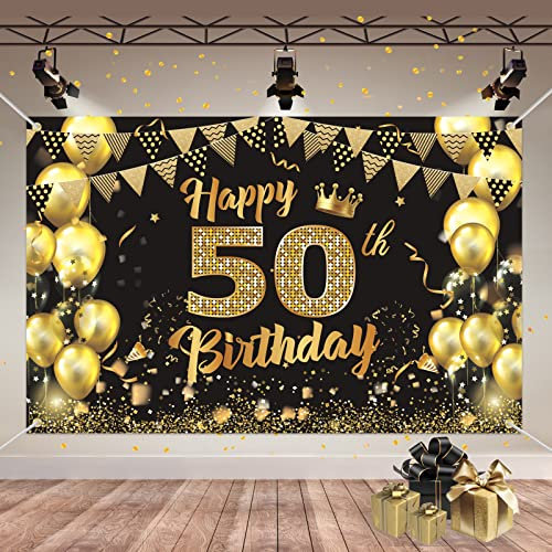 50 Geburtstag Deko Schwarz Gold, Geburtstagsbanner 50, Geburtstagsdeko Frauen und Männer, Banner 50 Geburtstag, Deko 50. Geburtstag Frau, Foto Hintergrund Poster für Geburtstag Party Deko