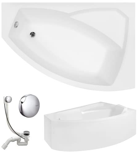 VBChome Badewanne 140x90 cm Acryl SET Schürze Siphon Wanne Ecke Eckbadewanne Weiß Design Modern Ablaufgarnitur Viega Simplex Wanne rechts Schürze Ablaufgarnitur Füße