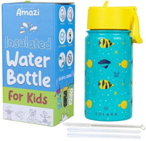 SOLARA Metal Water Bottle for Kids, 14oz Double Wall Vacuum Insulated Stainless Steel Kids Water Bottles with Straw, Sipper Bottle for Kids, Keeps Cool for 24hrs and Warm for 12hrs -Fish