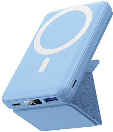 Yiisonger Power Bank Magnetico 10000mAh, Caricatore Portatile Wireless con Bracket, Compatibile con Magsafe, Ricarica Rapida PD 22.5W Risplay LED per iPhone 15/14/13/12/Mini/Pro/Pro Max(Baby Blu)